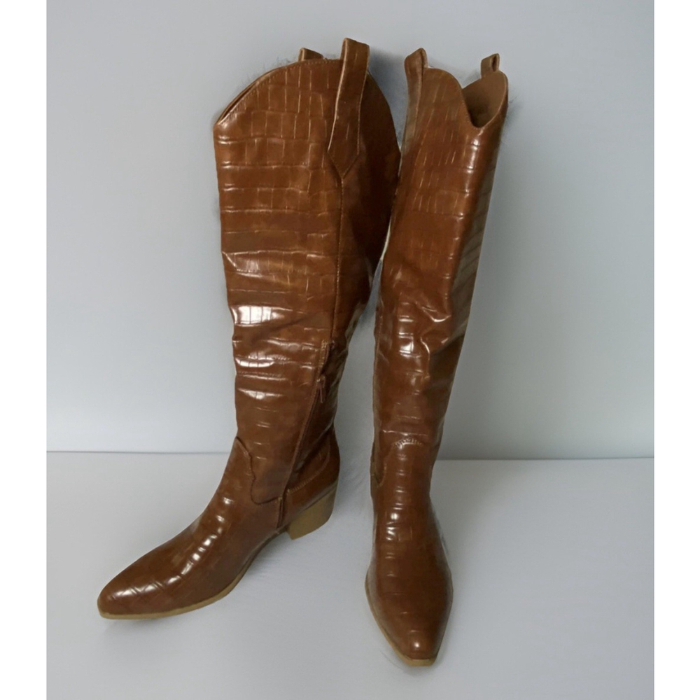 Sun + Stone Womens Dollyy Croc Texture Knee-High Boots Peanut CRC 9M•Brown NIB